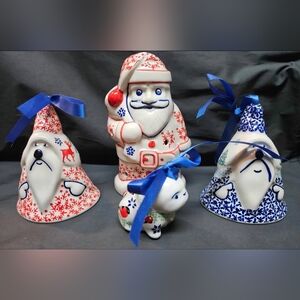 Boleslawiec Polish Ceramika Tea Light Santa, Red Reindeer Bell, Snowman Bell&Dog